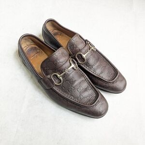 Gucci Horsebit Loafers Men 8.5 D Brown Leather Monogram Logo GG